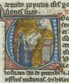 MANUSCRIPT LEAVES   ANIMAL SACRIFICE.  Vellum leaf from Vulgate manuscript with historiated initial V in Leviticus 1:1. Paris, ca. 1250